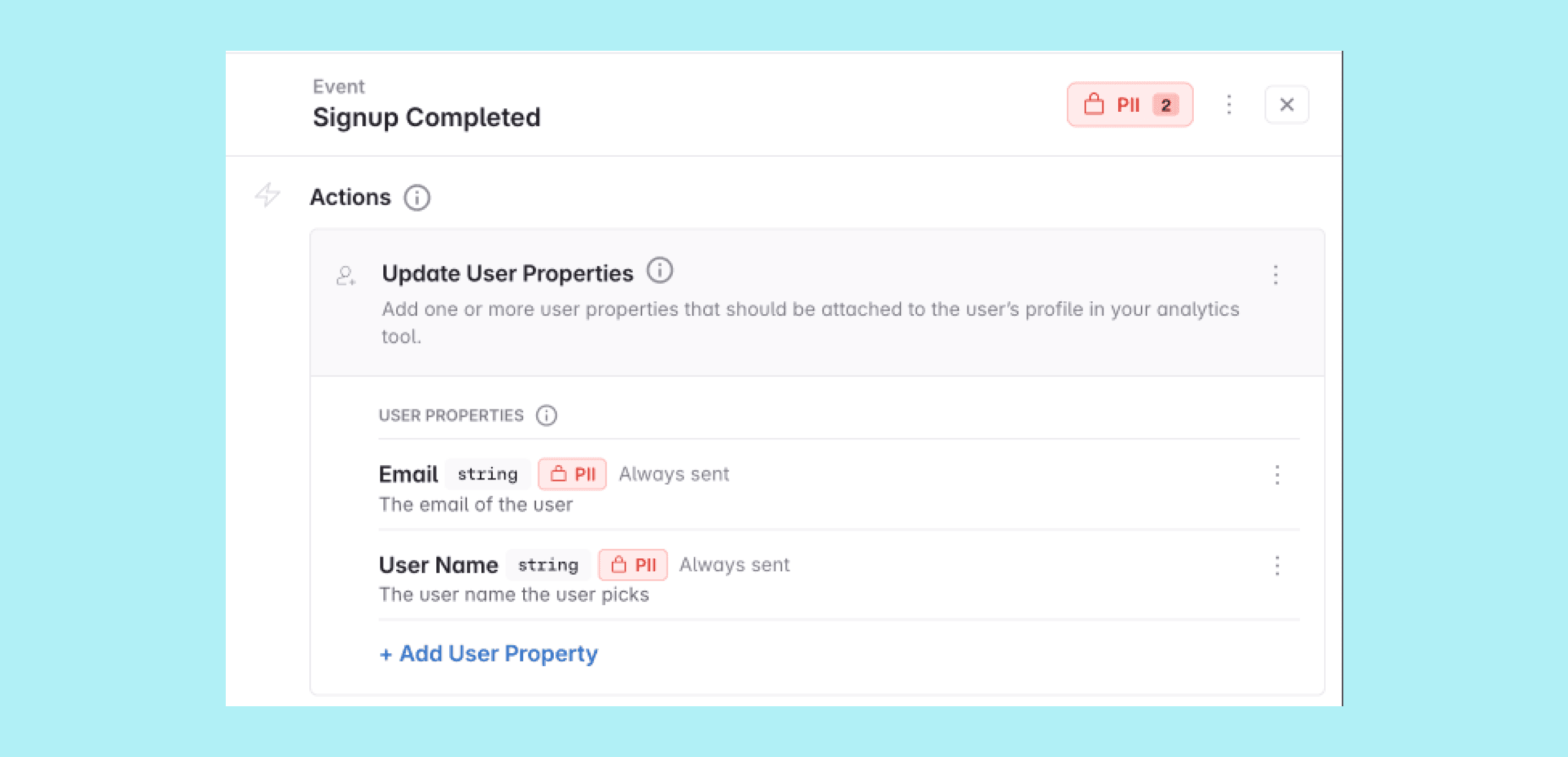 An event with a Contains PII indicator counting two PII properties, and PII badges on the properties